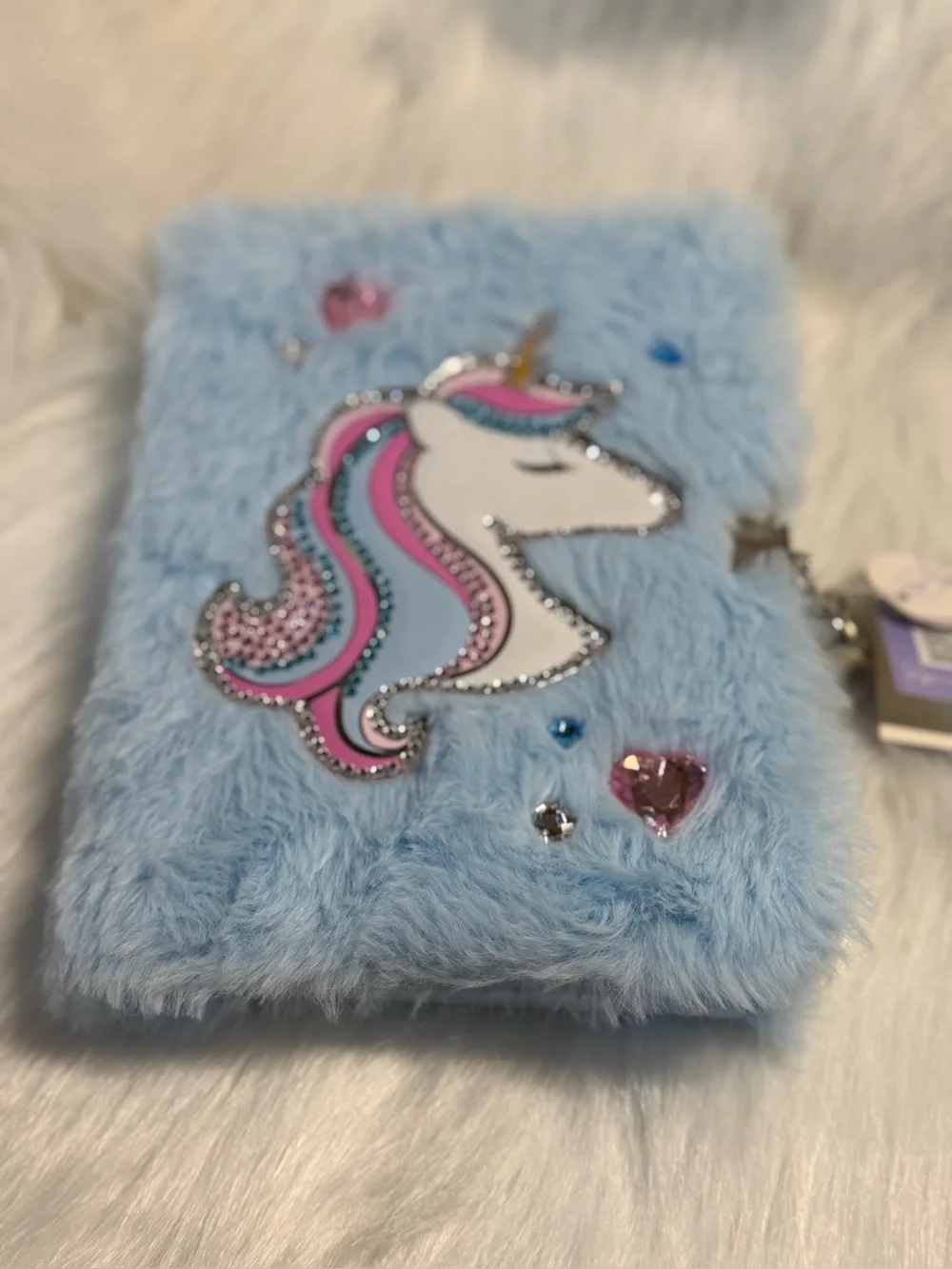 Blue Plush Unicorn Journal with Lock - Sparkle Rhinestone Accent’s & Lip Gloss